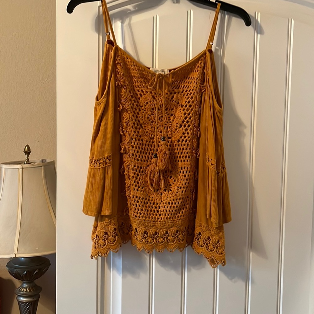 Taylor & Sage Mustard Crochet Cold Shoulder Top